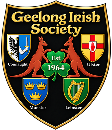 The Geelong Irish Society crest, showing the arms of Connaught, Ulster, Munster and Leinster with two kangaroos and a shamrock marked Est 1964