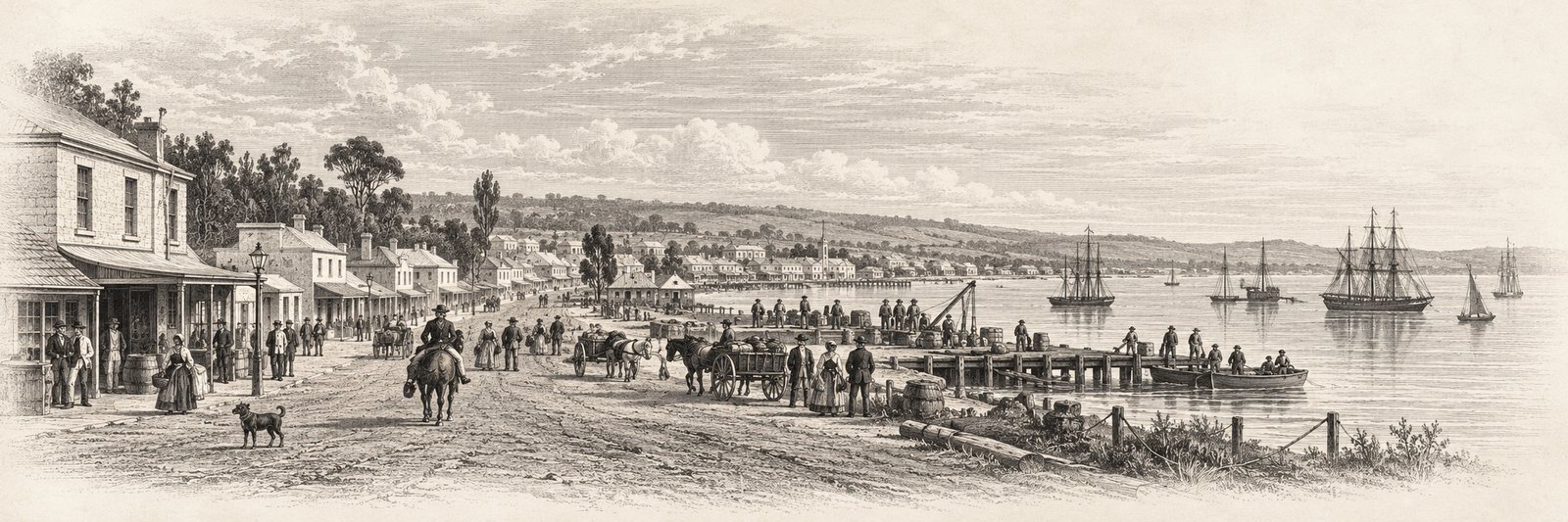 A nineteenth century engraving of early Geelong, showing the waterfront, sailing ships at anchor, horses and carts on an unpaved street and the town beyond